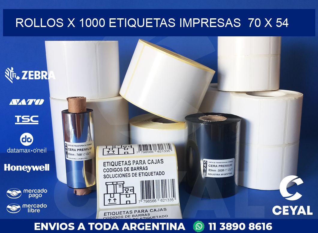 ROLLOS X 1000 ETIQUETAS IMPRESAS  70 x 54