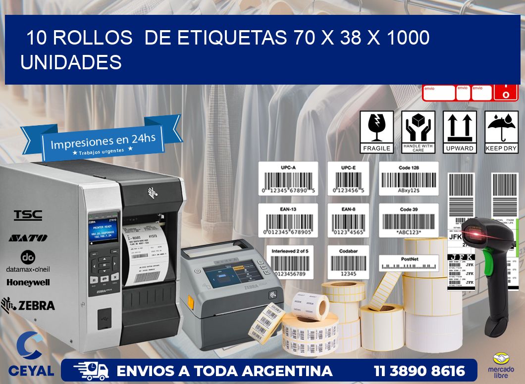 10 ROLLOS  DE ETIQUETAS 70 x 38 X 1000 UNIDADES