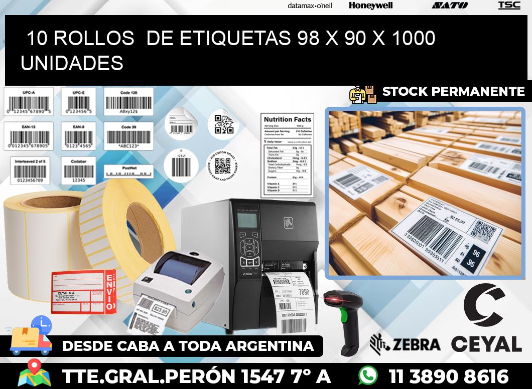 10 ROLLOS  DE ETIQUETAS 98 x 90 X 1000 UNIDADES