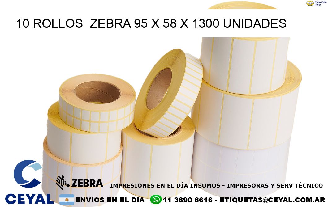 10 ROLLOS  ZEBRA 95 x 58 X 1300 UNIDADES