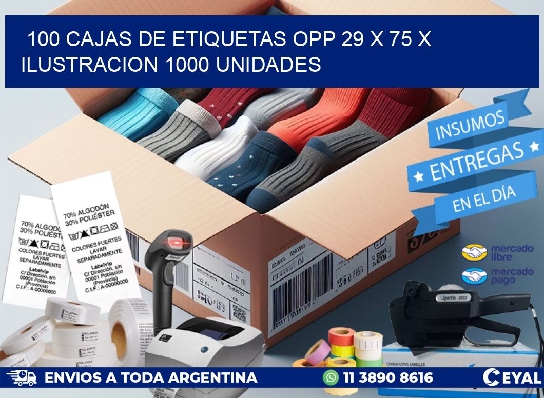 100 CAJAS DE ETIQUETAS OPP 29 x 75 X ILUSTRACION 1000 UNIDADES