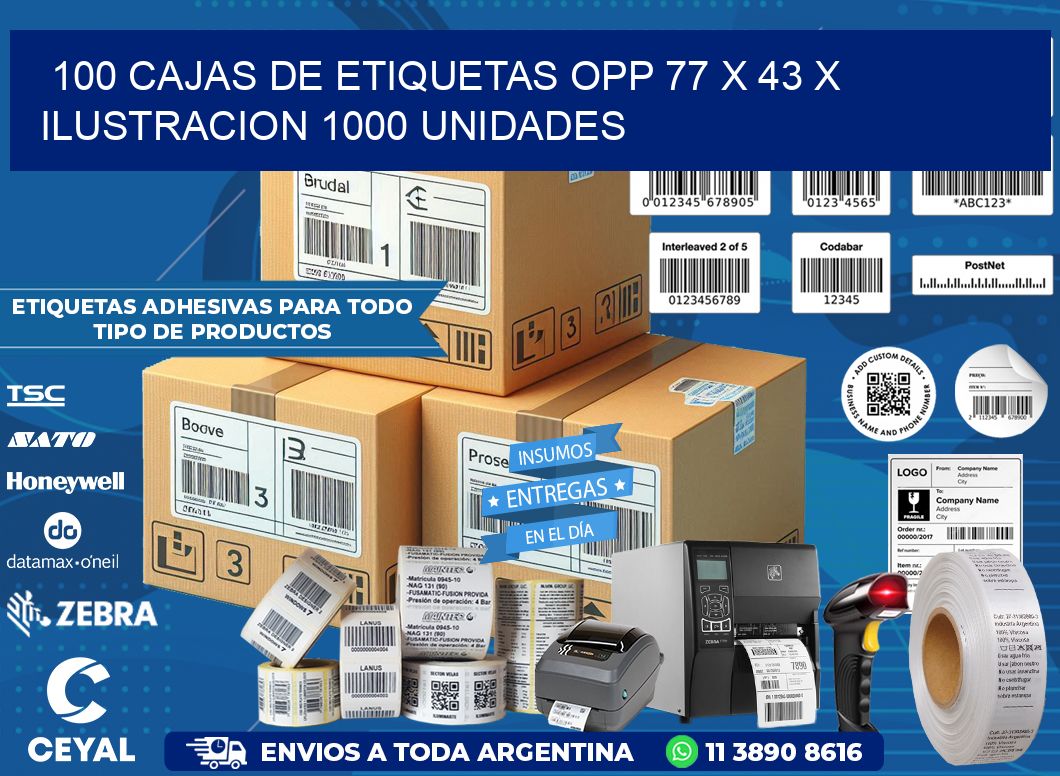 100 CAJAS DE ETIQUETAS OPP 77 x 43 X ILUSTRACION 1000 UNIDADES