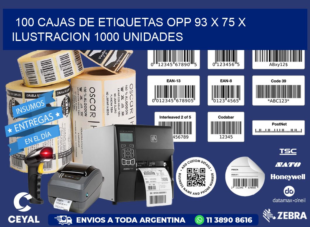 100 CAJAS DE ETIQUETAS OPP 93 x 75 X ILUSTRACION 1000 UNIDADES