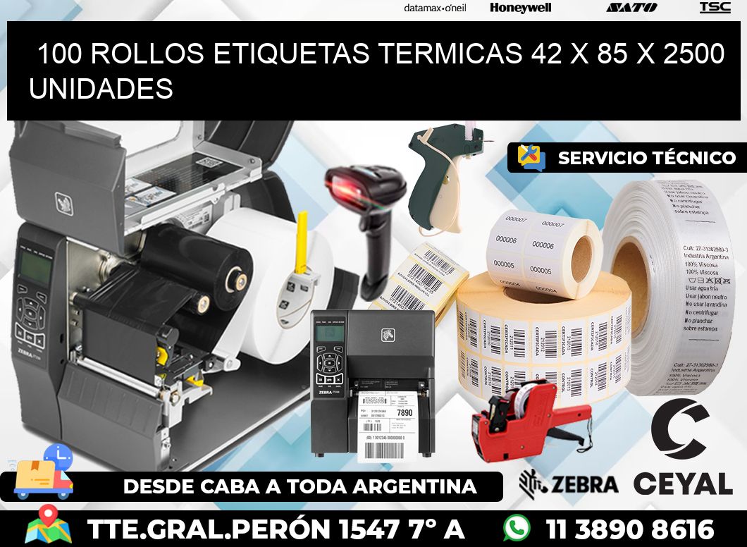 100 ROLLOS ETIQUETAS TERMICAS 42 x 85 X 2500 UNIDADES