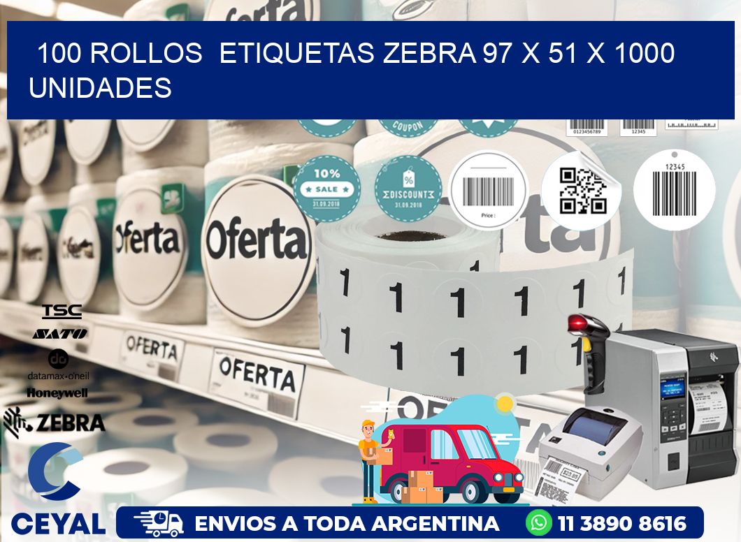 100 ROLLOS  ETIQUETAS ZEBRA 97 x 51 X 1000 UNIDADES