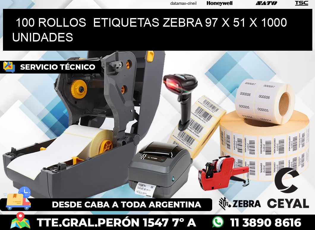 100 ROLLOS  ETIQUETAS ZEBRA 97 x 51 X 1000 UNIDADES