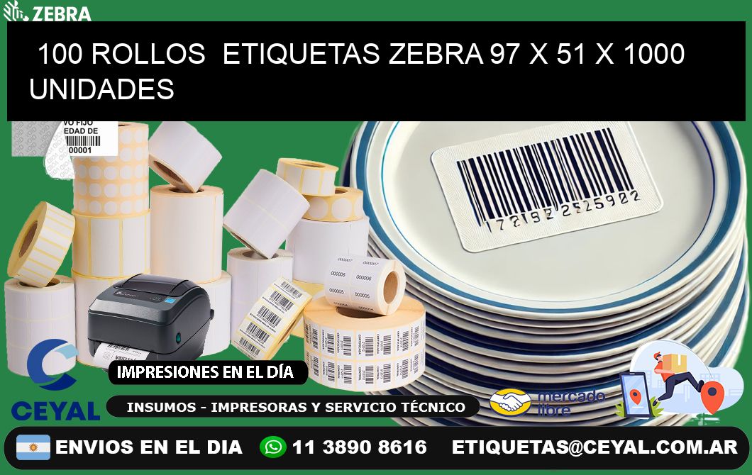 100 ROLLOS  ETIQUETAS ZEBRA 97 x 51 X 1000 UNIDADES