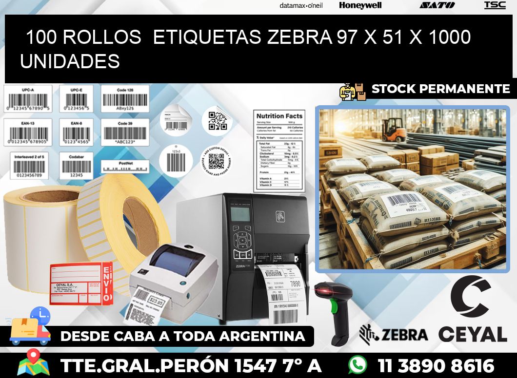 100 ROLLOS  ETIQUETAS ZEBRA 97 x 51 X 1000 UNIDADES