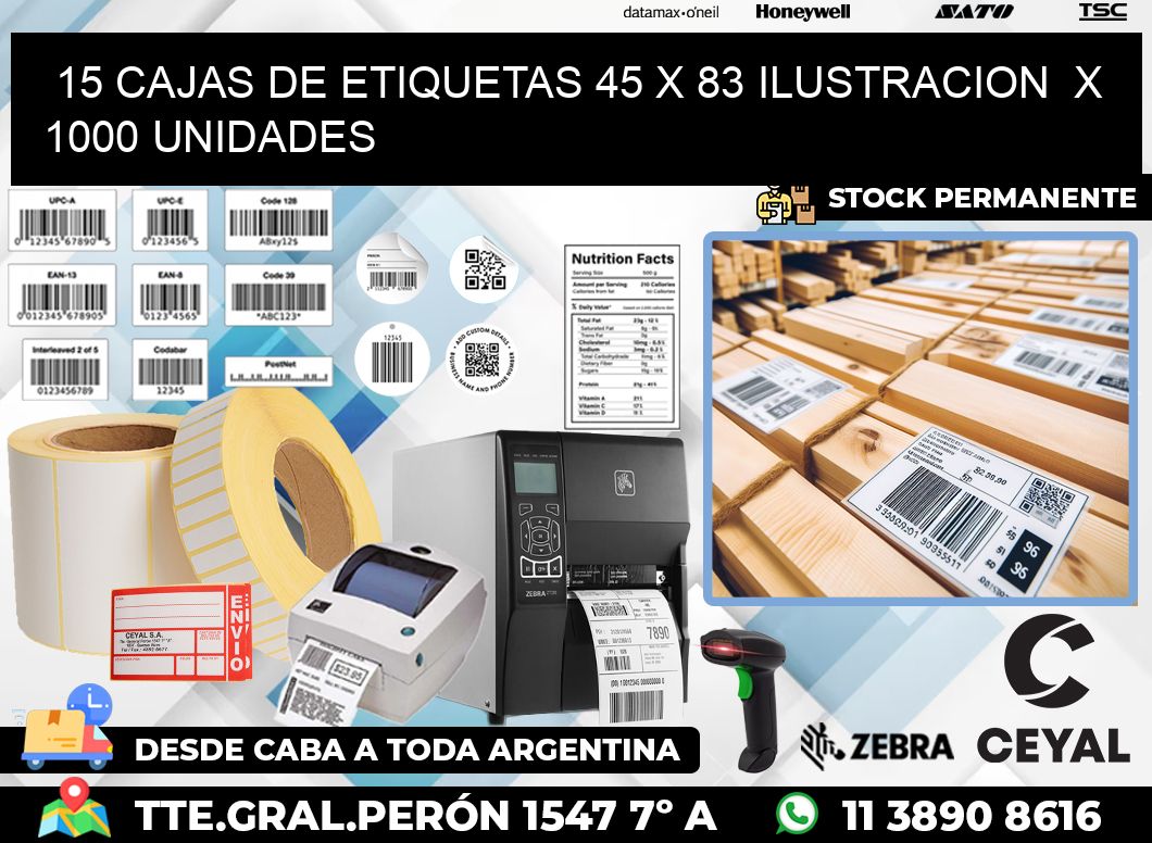 15 CAJAS DE ETIQUETAS 45 x 83 ILUSTRACION  X 1000 UNIDADES