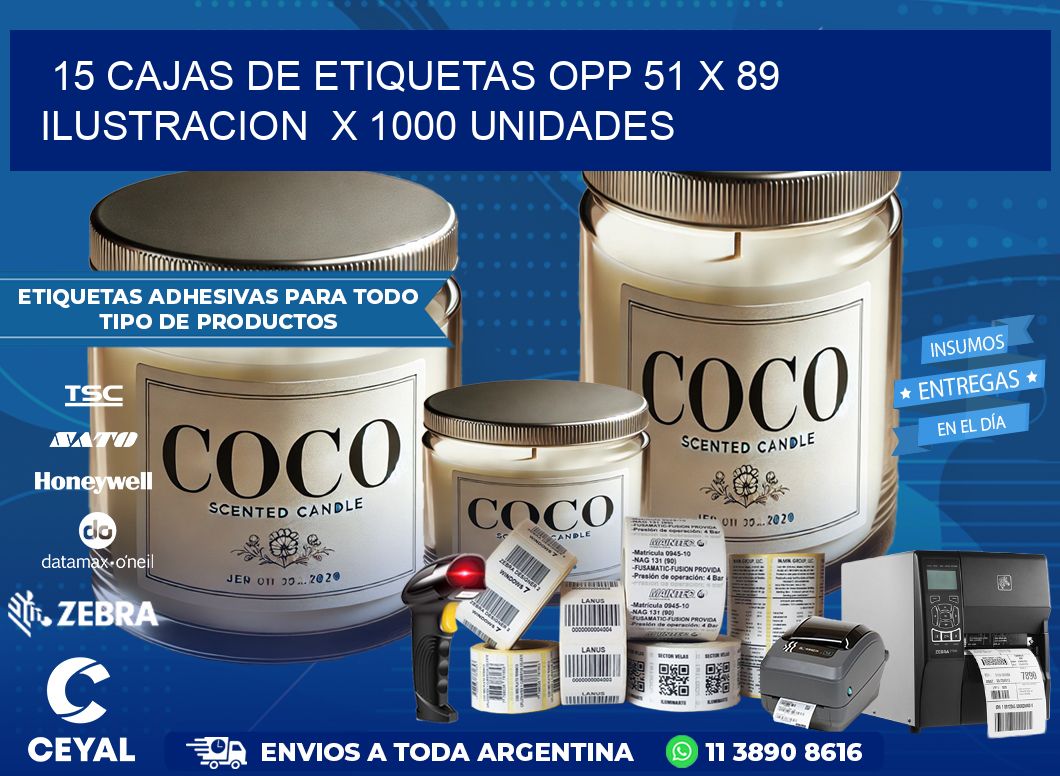 15 CAJAS DE ETIQUETAS OPP 51 x 89 ILUSTRACION  X 1000 UNIDADES