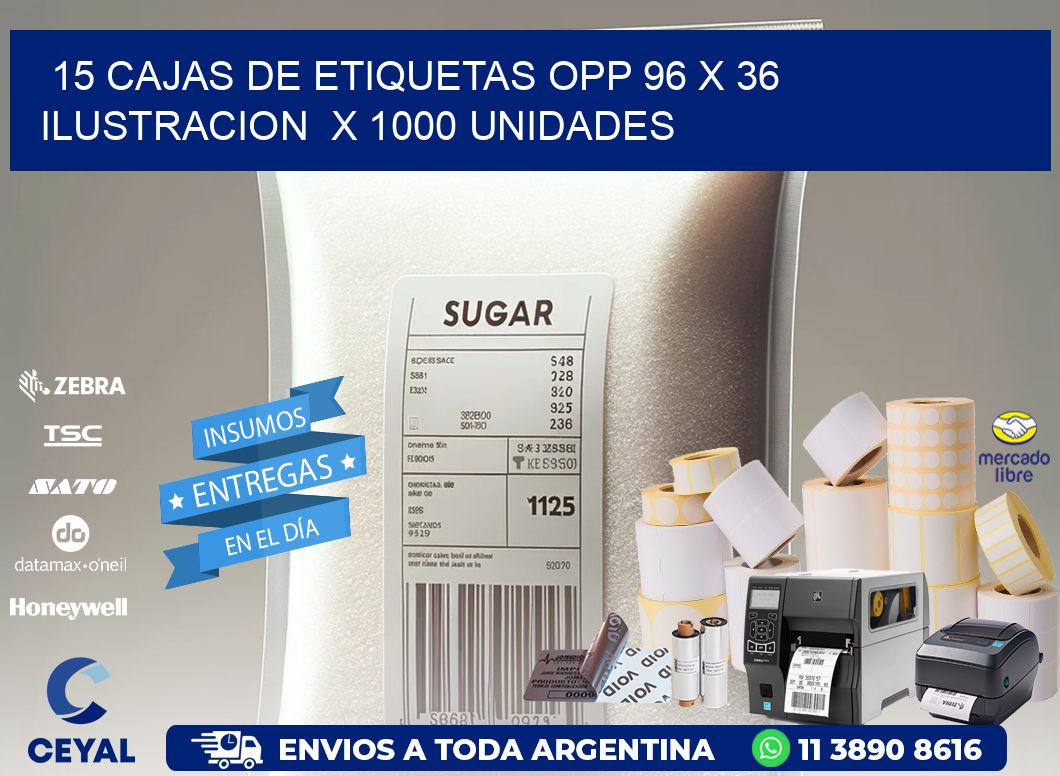 15 CAJAS DE ETIQUETAS OPP 96 x 36 ILUSTRACION  X 1000 UNIDADES