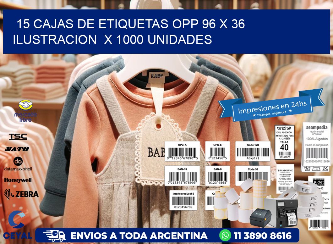 15 CAJAS DE ETIQUETAS OPP 96 x 36 ILUSTRACION  X 1000 UNIDADES