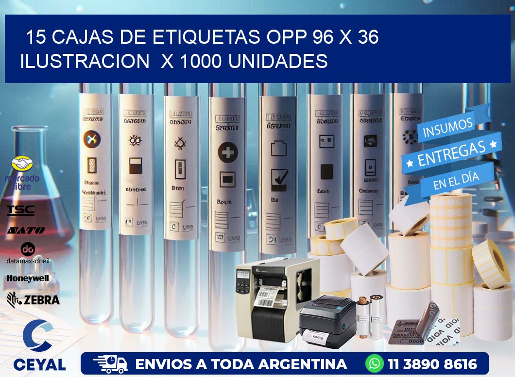 15 CAJAS DE ETIQUETAS OPP 96 x 36 ILUSTRACION  X 1000 UNIDADES