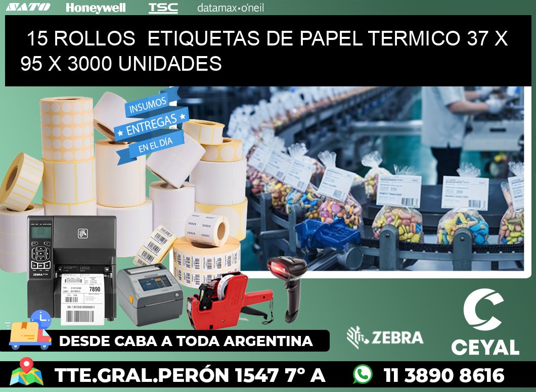 15 ROLLOS  ETIQUETAS DE PAPEL TERMICO 37 x 95 X 3000 UNIDADES