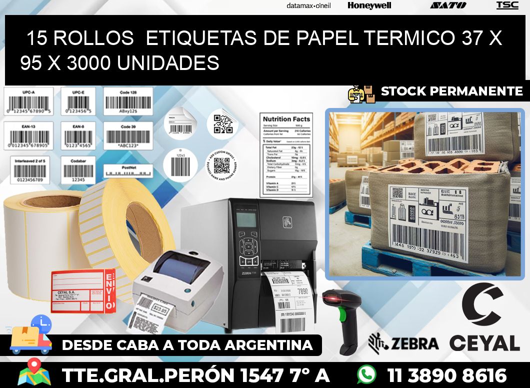 15 ROLLOS  ETIQUETAS DE PAPEL TERMICO 37 x 95 X 3000 UNIDADES