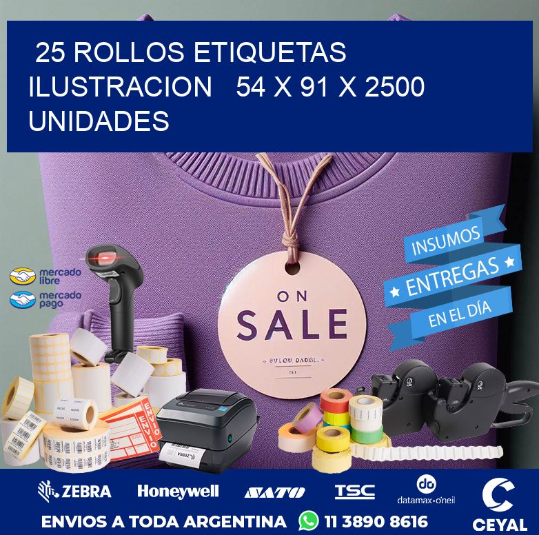 25 ROLLOS ETIQUETAS ILUSTRACION   54 x 91 X 2500 UNIDADES