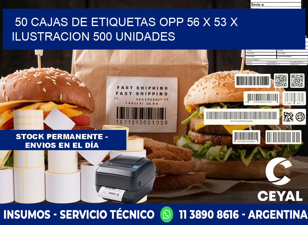 50 CAJAS DE ETIQUETAS OPP 56 x 53 X ILUSTRACION 500 UNIDADES