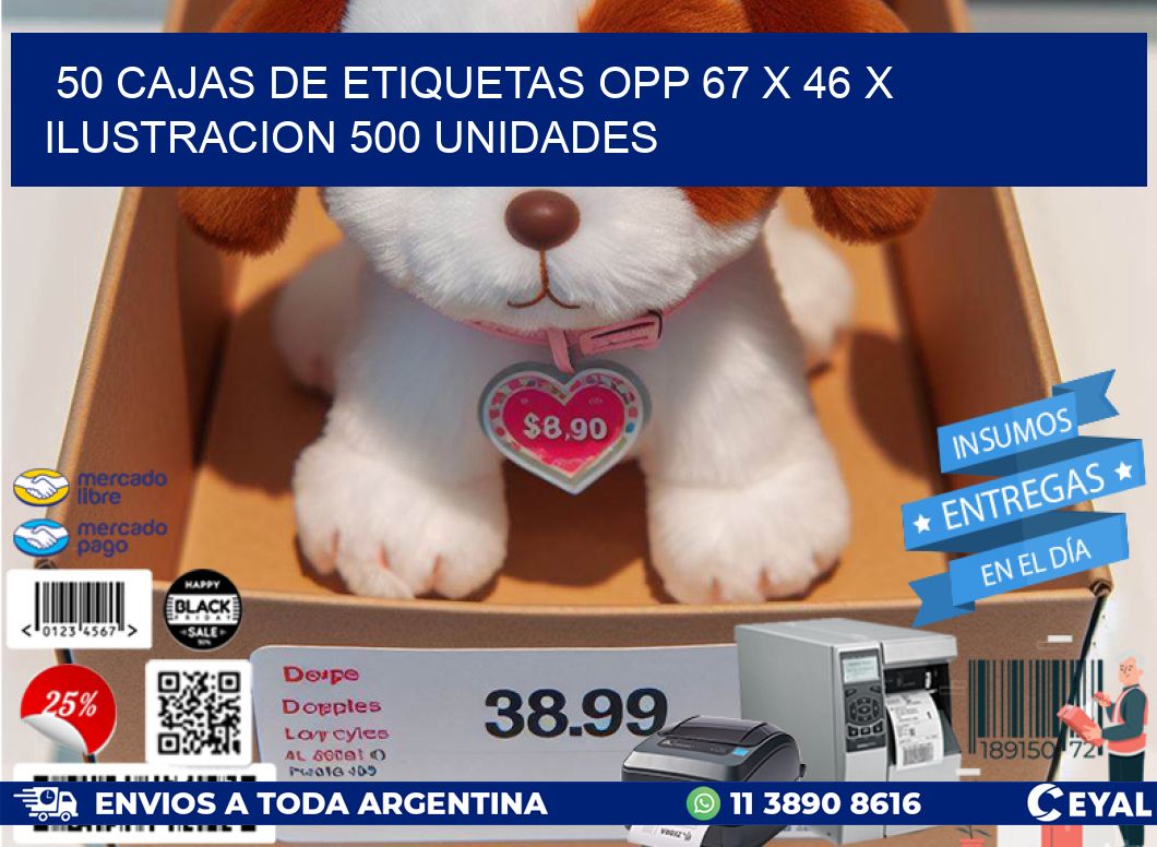 50 CAJAS DE ETIQUETAS OPP 67 x 46 X ILUSTRACION 500 UNIDADES