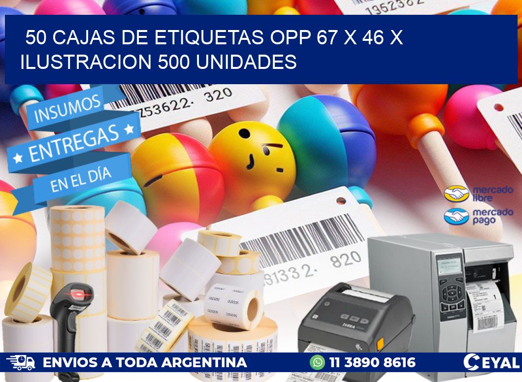 50 CAJAS DE ETIQUETAS OPP 67 x 46 X ILUSTRACION 500 UNIDADES