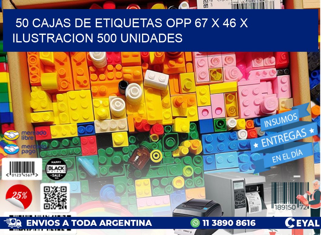 50 CAJAS DE ETIQUETAS OPP 67 x 46 X ILUSTRACION 500 UNIDADES