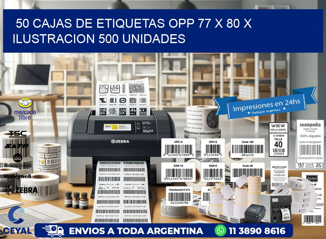 50 CAJAS DE ETIQUETAS OPP 77 x 80 X ILUSTRACION 500 UNIDADES