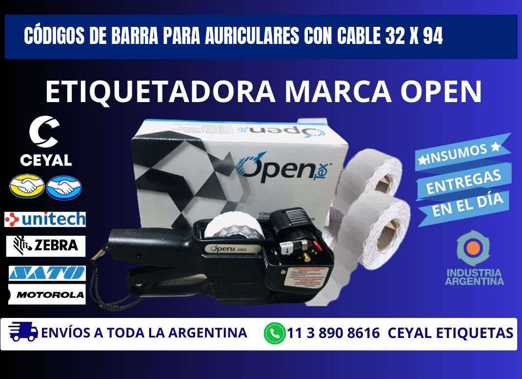 CÓDIGOS DE BARRA PARA AURICULARES CON CABLE 32 x 94