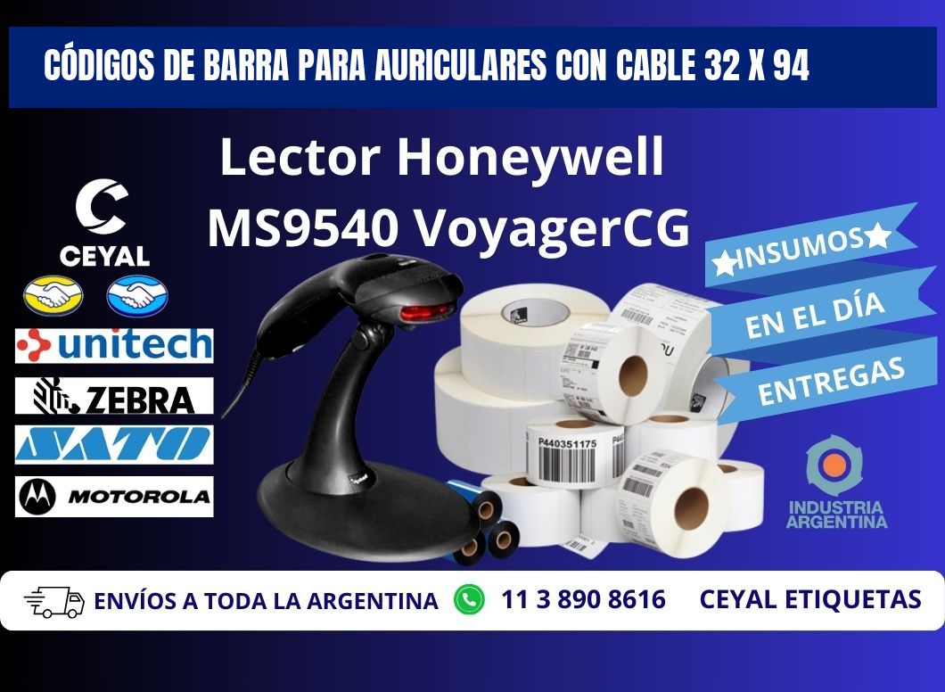 CÓDIGOS DE BARRA PARA AURICULARES CON CABLE 32 x 94