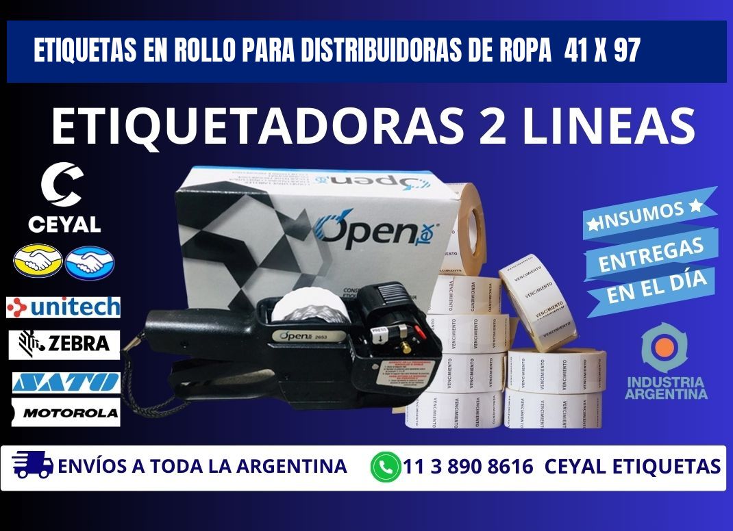 ETIQUETAS EN ROLLO PARA DISTRIBUIDORAS DE ROPA  41 x 97