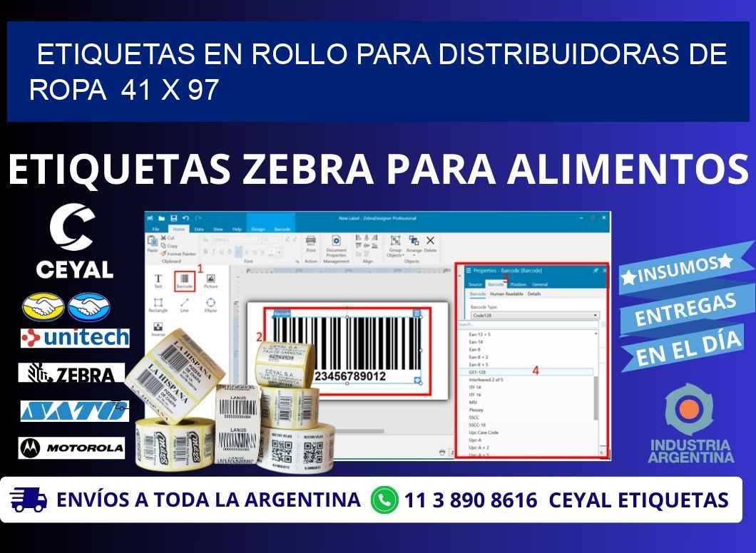 ETIQUETAS EN ROLLO PARA DISTRIBUIDORAS DE ROPA  41 x 97