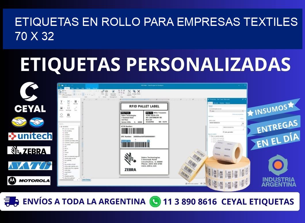 ETIQUETAS EN ROLLO PARA EMPRESAS TEXTILES  70 x 32