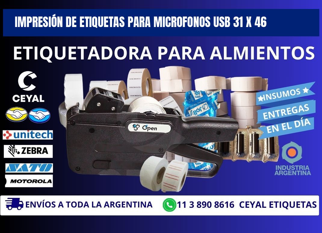 IMPRESIÓN DE ETIQUETAS PARA MICROFONOS USB 31 x 46