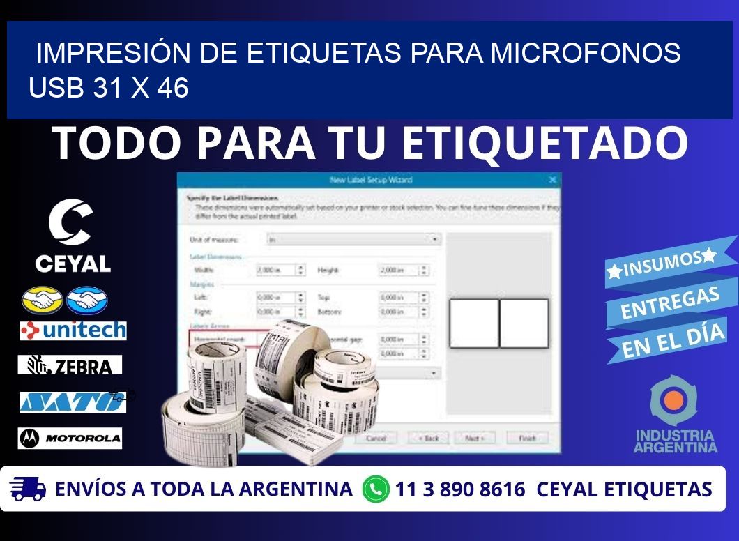 IMPRESIÓN DE ETIQUETAS PARA MICROFONOS USB 31 x 46