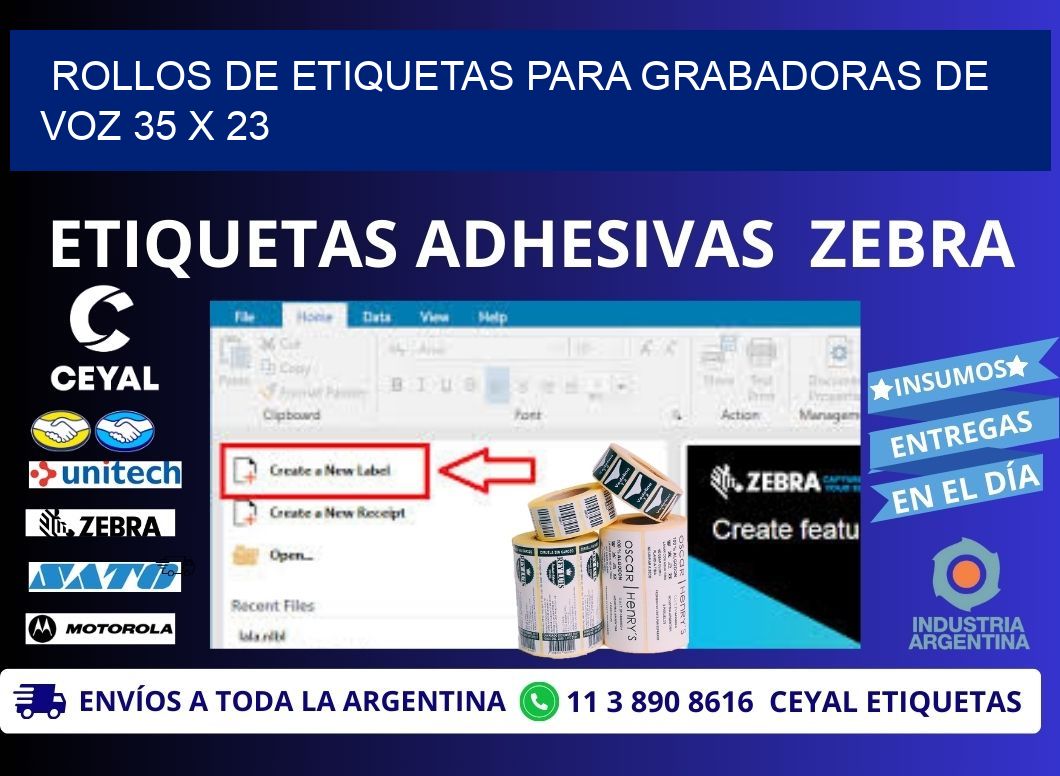 ROLLOS DE ETIQUETAS PARA GRABADORAS DE VOZ 35 x 23